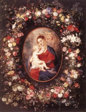 花 鳥 Painting - バロック様式の花輪をかぶった聖母子 ピーター・パウル・ルーベンスの花柄